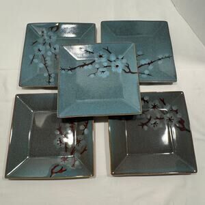 Pier 1 Tranquil Square Salad Plates 8" Stoneware Green Cherry Blossoms Set of 5